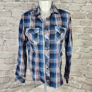 Panhandle Slim Plaid Pearl Snap Shirt  Embroidered Blue Red Size Medium